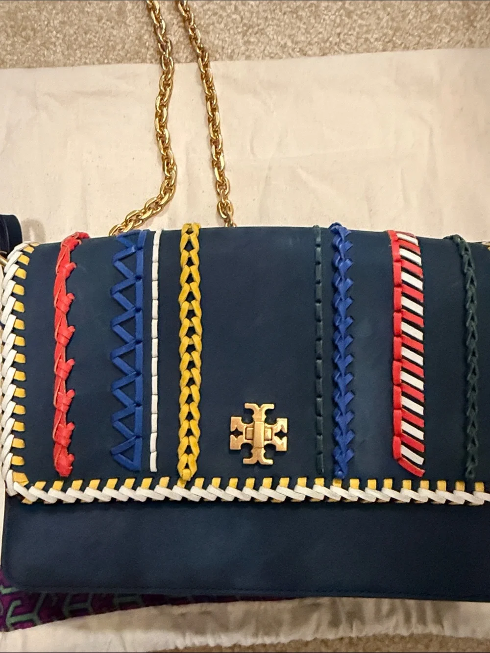 Tory Burch Navy Shoulder Bag with Multicolor Whipstitch and Gold Chain